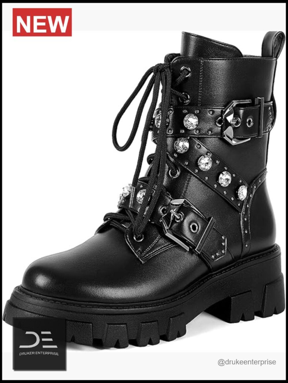 Women Rhinestone Combat Motorcycle Boots Ankle Zip Chunky Platform